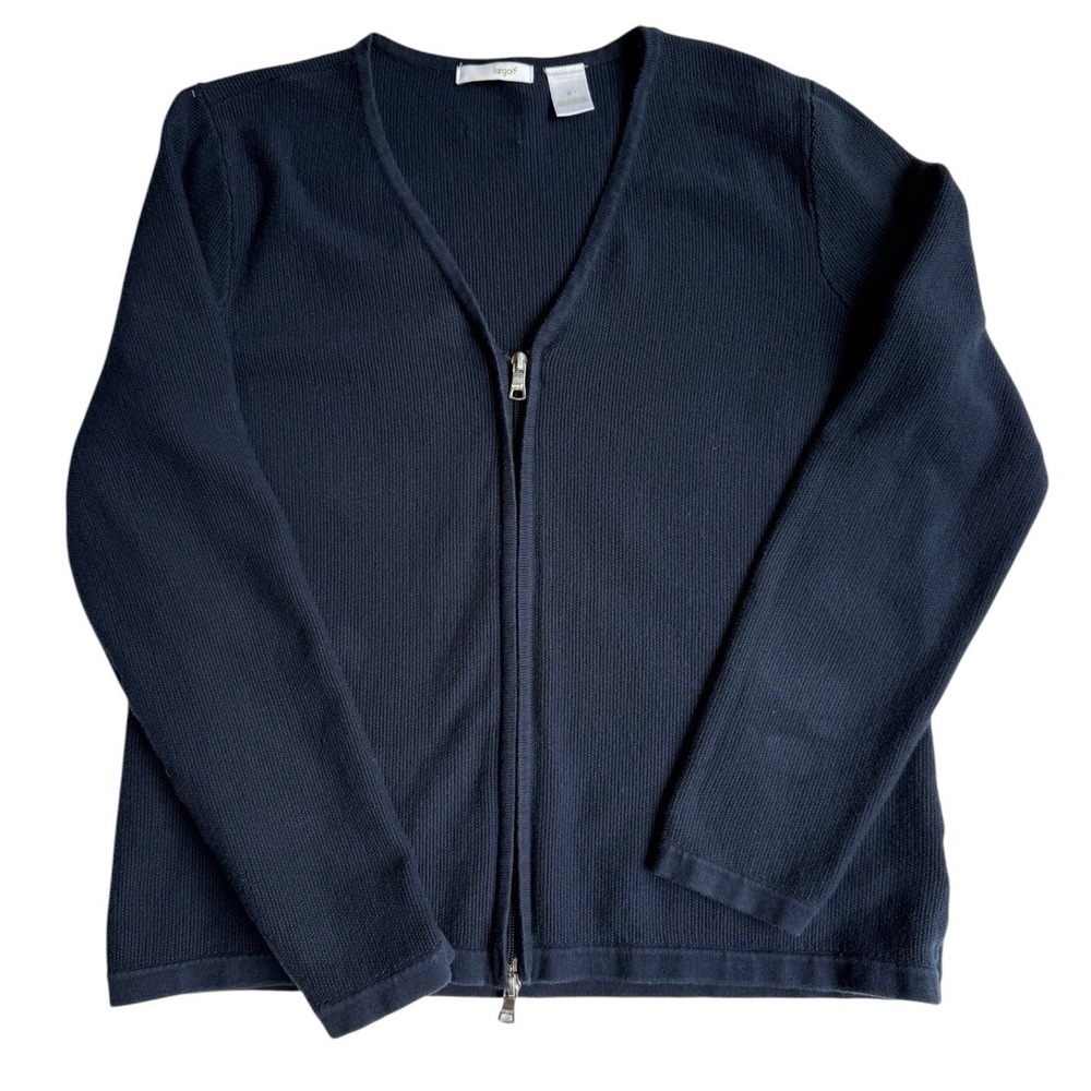 Lizgolf Navy Blue Full Zip Cardigan V-Neck Cotton Blend Sweater Women's Medium